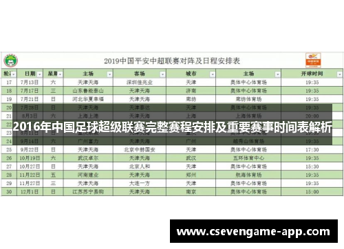 2016年中国足球超级联赛完整赛程安排及重要赛事时间表解析